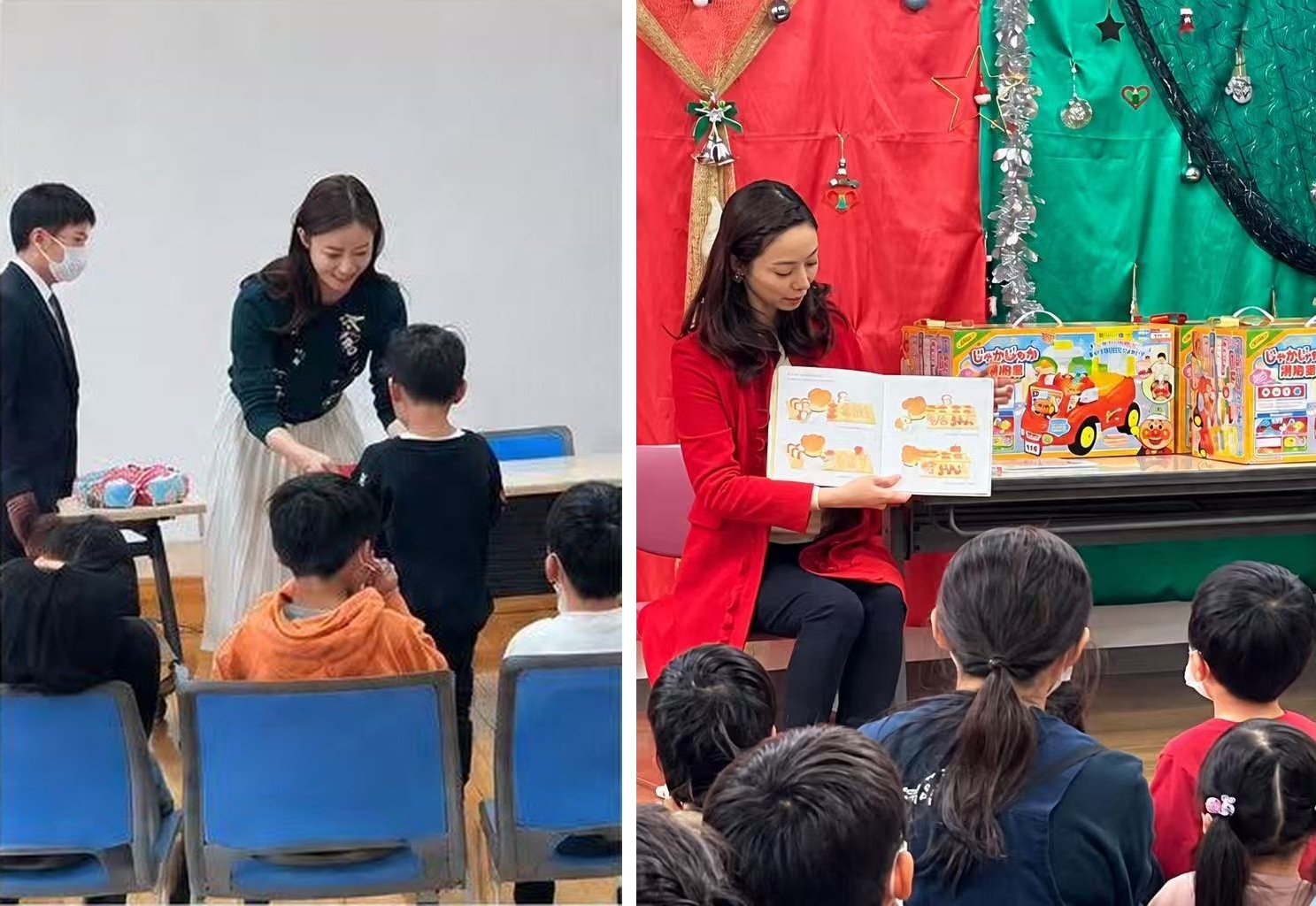 赤い衣装の白田久子が子どもたちに絵本を読み聞かせ、別の場面では子どもにプレゼントを手渡している